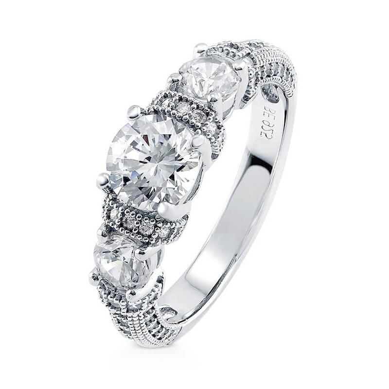 Vintage Three Stone Round Moissanite Art Deco Engagement Ring - Image 2